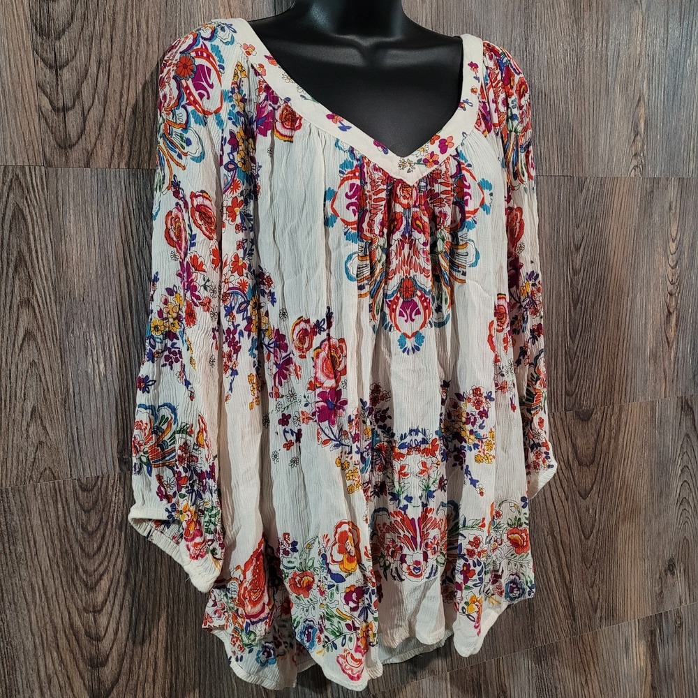 Bila Boho Floral Peasant Blouse XXL 2XL Ivory Multi Deep V-Neck 3/4 Balloon Slv - Picture 2 of 10
